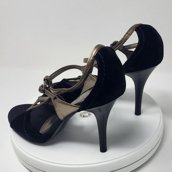 Cole Haan Black Velvet & Brassy Gold Open Toe Stilletto T-Strap Heels - Picture 10 of 16